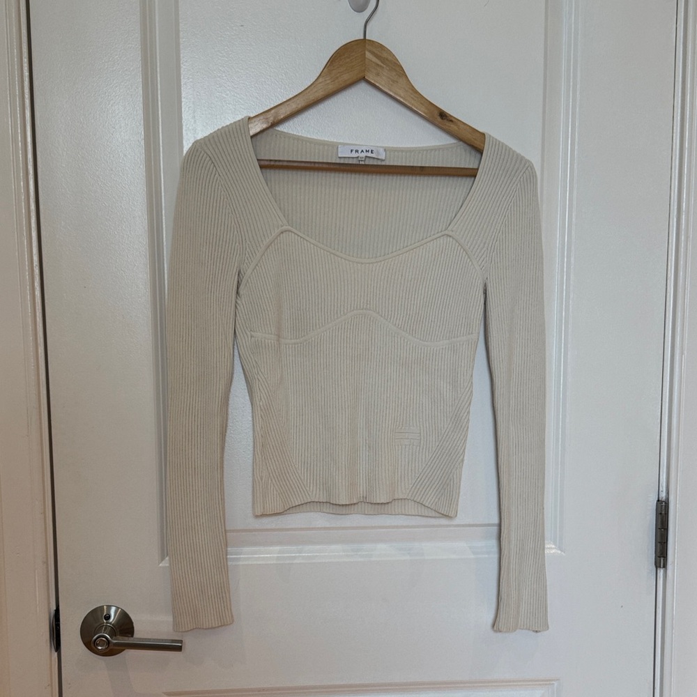 Frame Denim Ribbed Long Sleeve Top in Bone